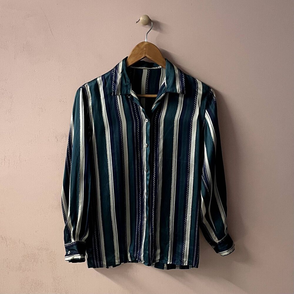 Vintage Hunter Green|Cream|Navy Striped Satin Button Down Blouse GUC Size S